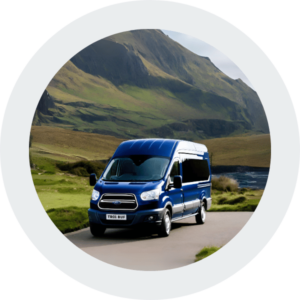 BUFFAY TRAVEL LTD - an image of a Buffay Travel Blue Minibus with the yorkshire countryside in the background.